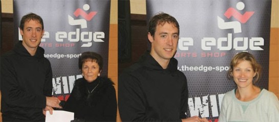 Rob Patterson of the Edge Sports presenting the cheques to Bobbie Lambe of Carrigaline Meals on Wheels and (R) Deirdre Nagle of Foróige