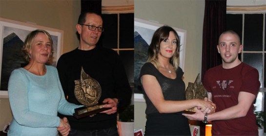  (L) Fiona O'Riordan presenting the Eagle AC Athlete of the Year award to Grellan McGrath. (R) Eric Browne receiving the 2013 Most improved Eagle AC athlete award from the 2012 recipient Caroline Kilty