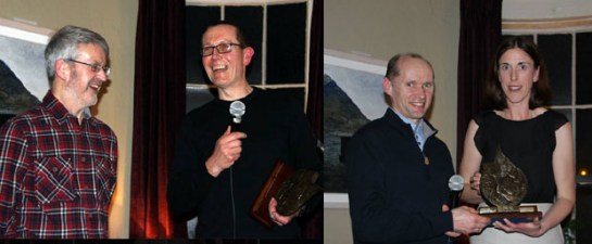  (L) Eagle AC club chairman John Quigley presenting the Athletic Performance of the Year for 2013 to Grellan McGrath for winning the Connemara 100. (R) Wieslaw Sosnowski presenting Elaine Guinane with the Club Person of the Year award 