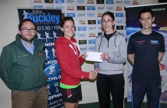  L to R...Stephen Ryan of Fota Wildlife Park, Orla Drumm...first woman, Elaine Guinane of Eagle AC and Mike Byrne of Laya Healthcare...one of the sponsors of the 2014 Cheetah Run