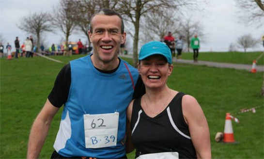 Ber Looney with husband Denis after winning the F45 category at the Cork BHAA XC race